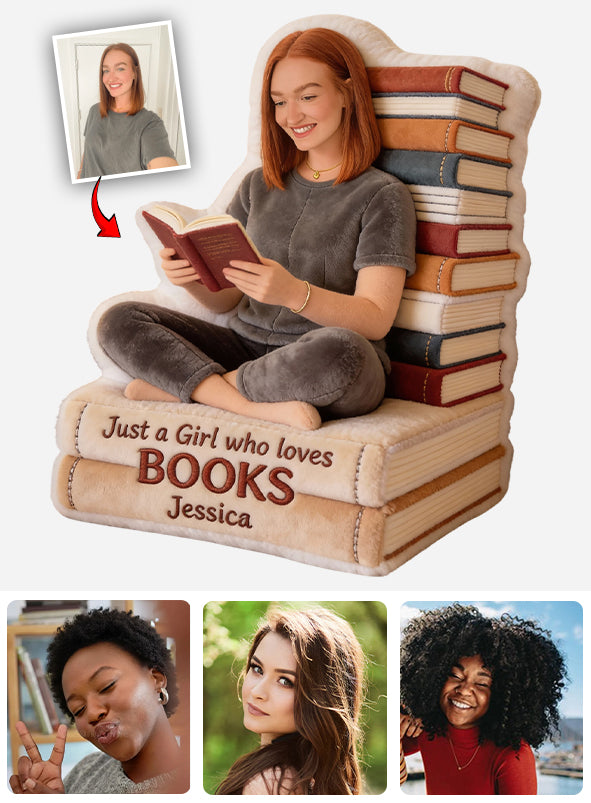 Einfach ein Mädchen, das Bücher liebt – personalisiertes Kissen in Buchform aus Kunstfell