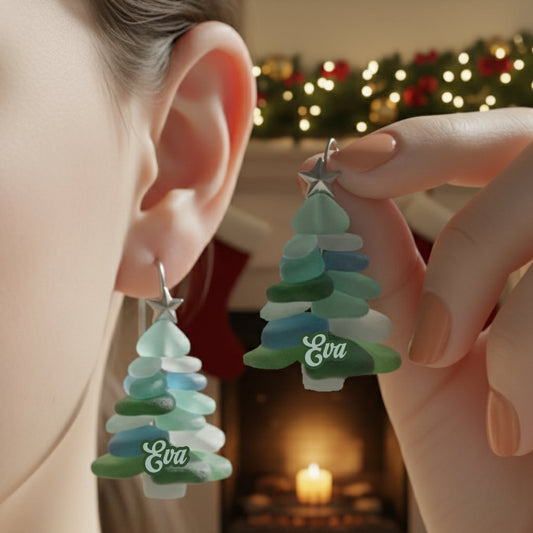 Weihnachtsbaum aus Treibglas – personalisierte Weihnachtsohrringe