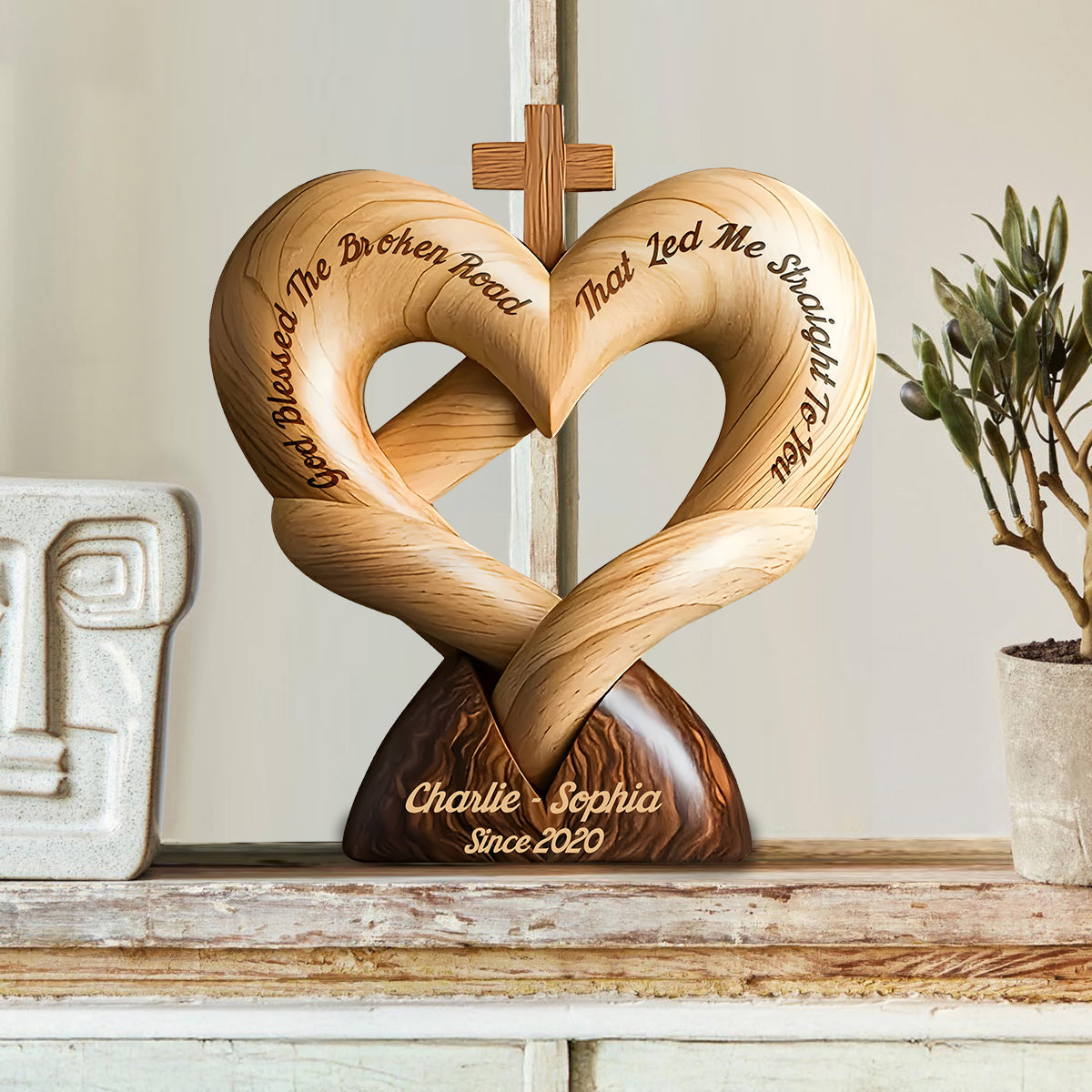 God Bless The Broken Road That Led Me Straight To You - Personalized Couple Custom Shaped Wood Plaque