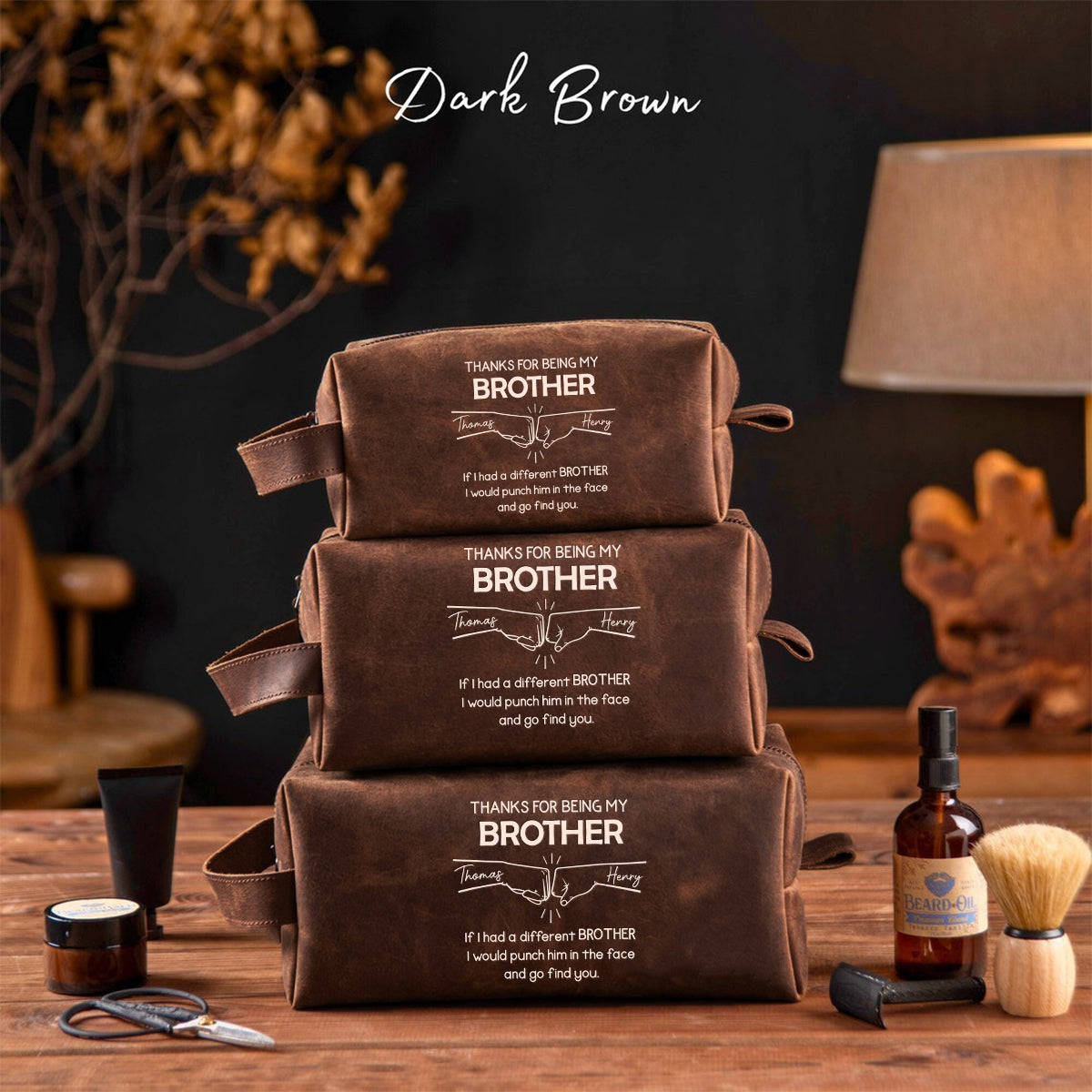 Félicitations pour être mon frère ! – Trousse de toilette en cuir personnalisée pour frère/sœur