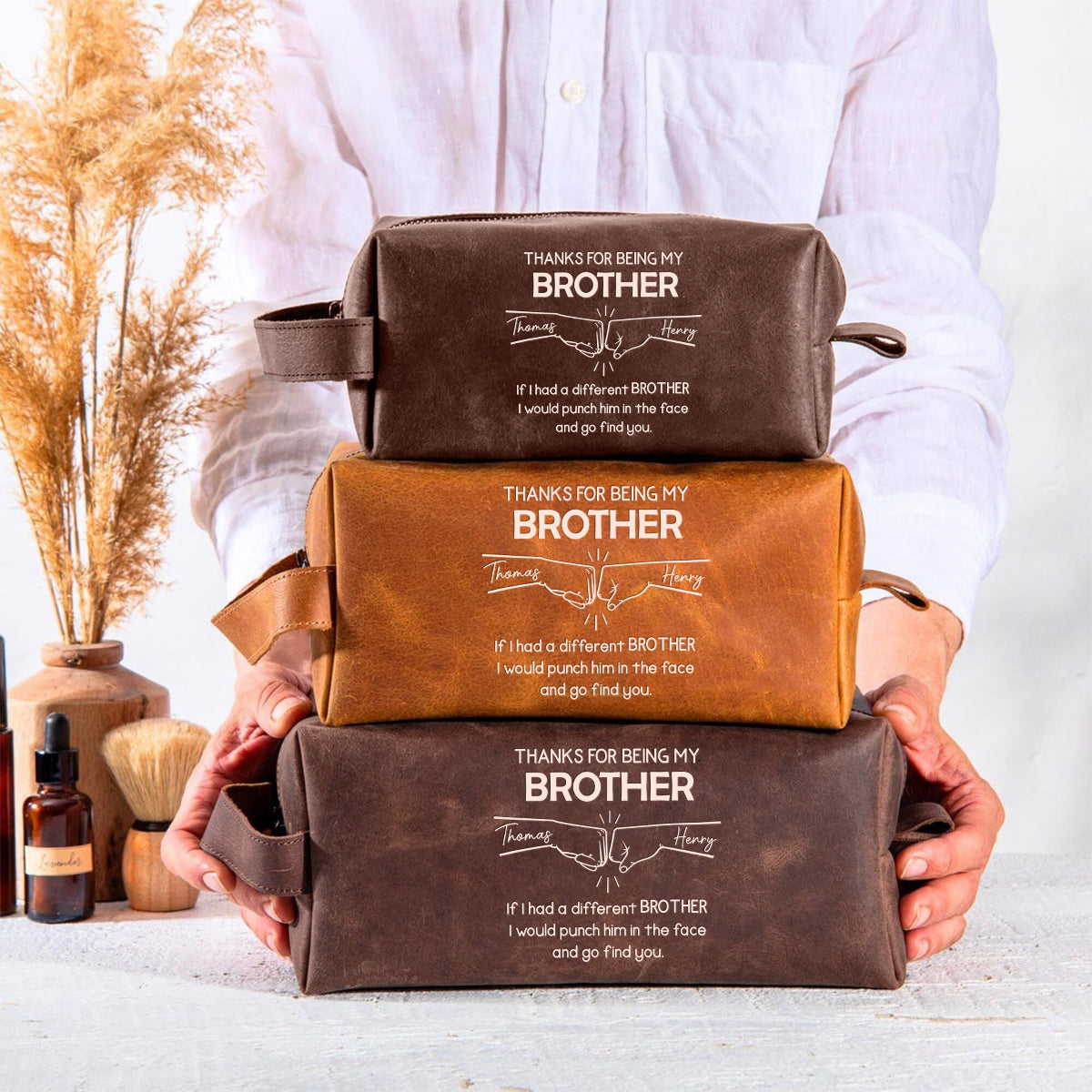 Félicitations pour être mon frère ! – Trousse de toilette en cuir personnalisée pour frère/sœur