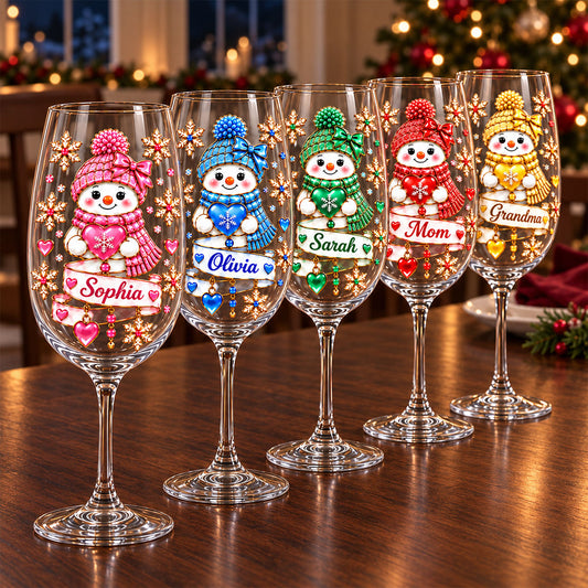 Frohe Weihnachten Schneemann Weinglas Familiengeschenk - Personalisiertes Weinglas mit langem Stiel