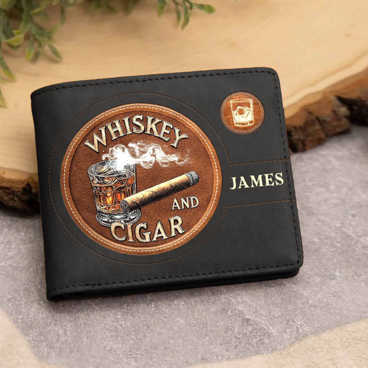 Whisky und Zigarre – Personalisierte Whisky-Ledergeldbörse