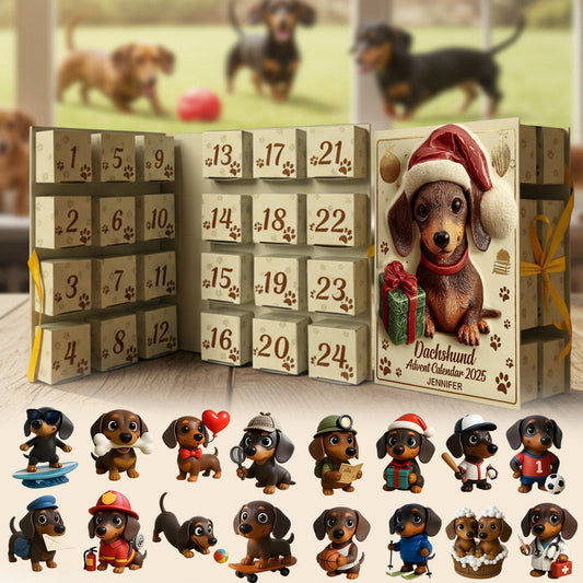 Calendrier de l'Avent pliable personnalisé « J'adore les teckels » avec décorations