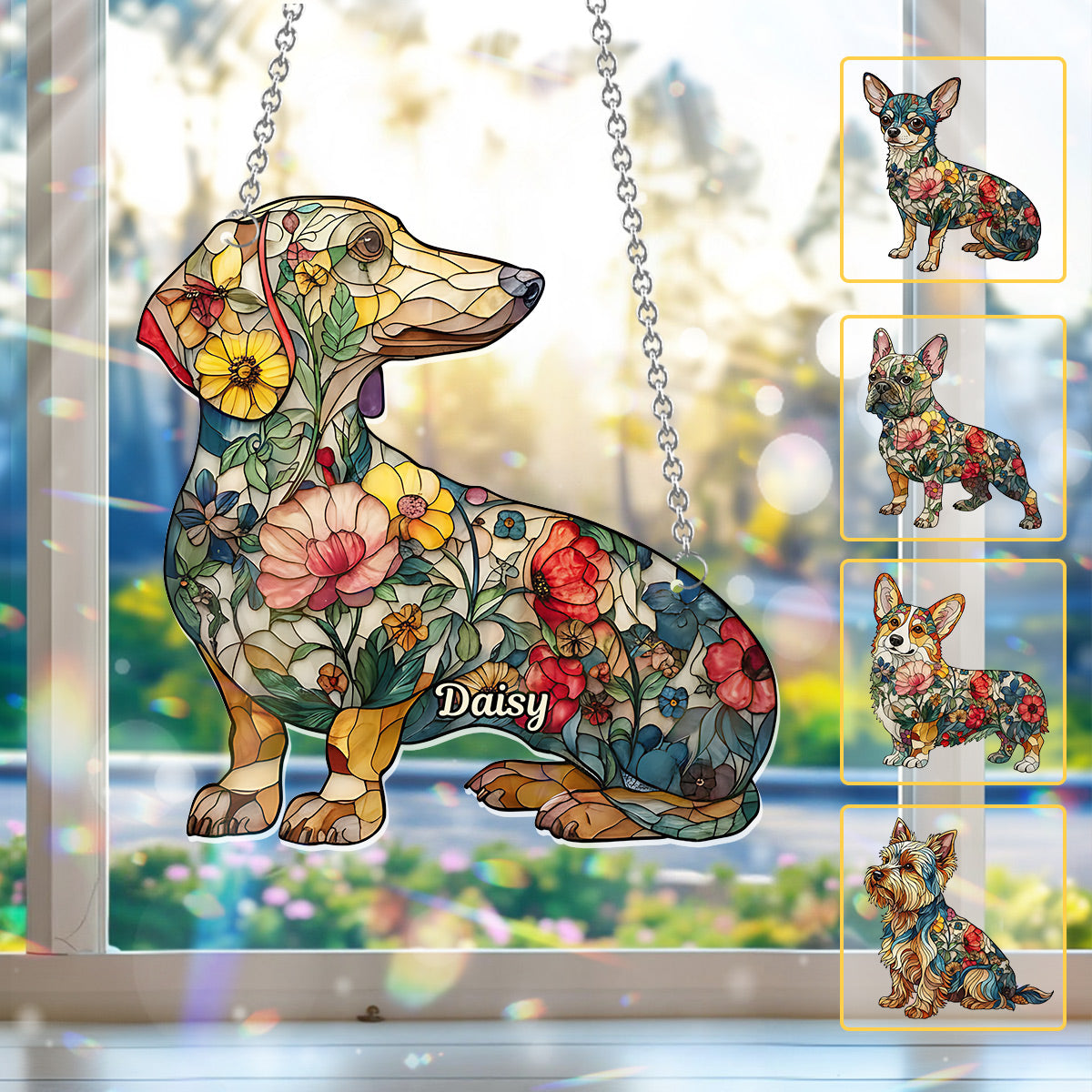 Chiens fleuris - Décoration attrape-soleil personnalisée à suspendre à la fenêtre, motif chien 