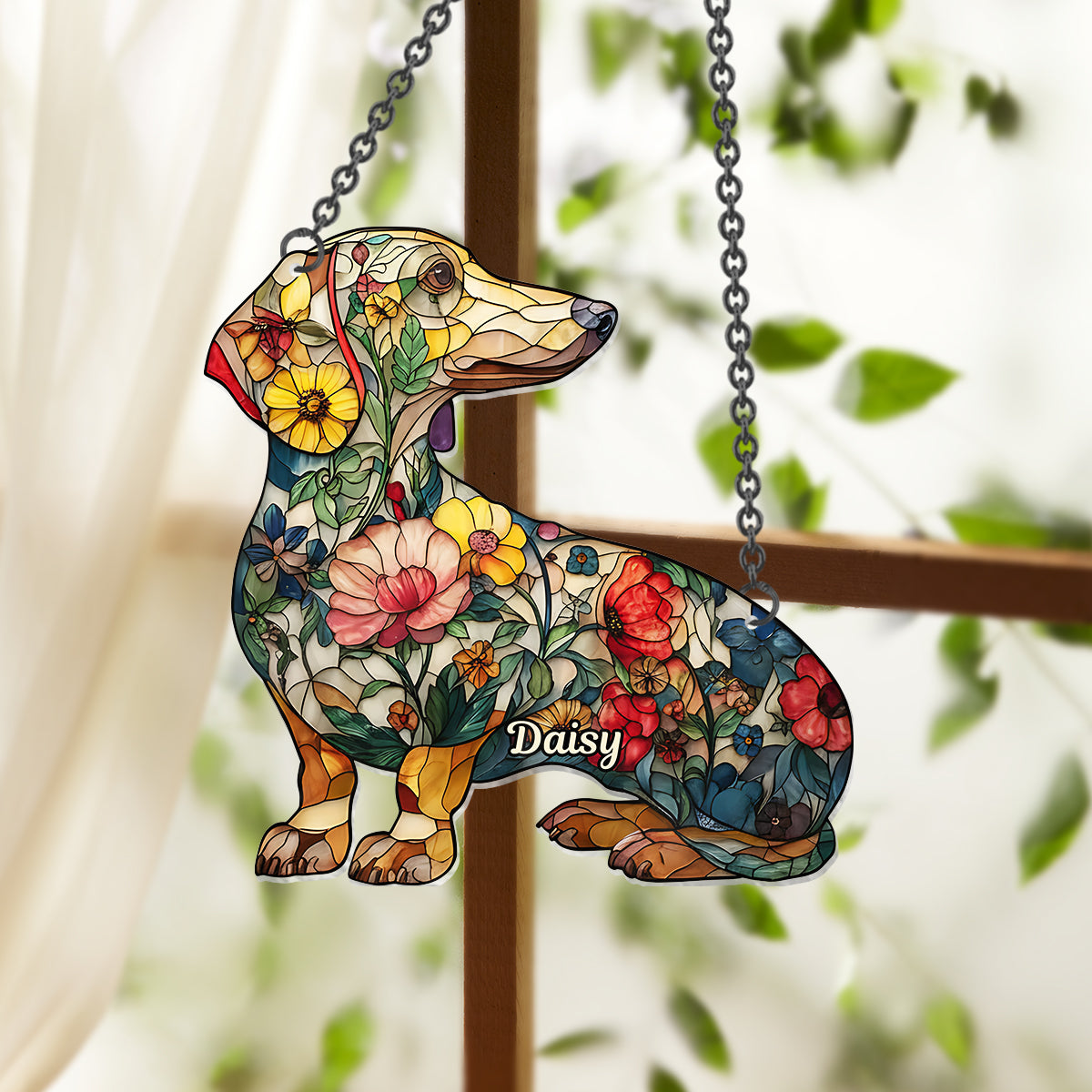 Chiens fleuris - Décoration attrape-soleil personnalisée à suspendre à la fenêtre, motif chien 