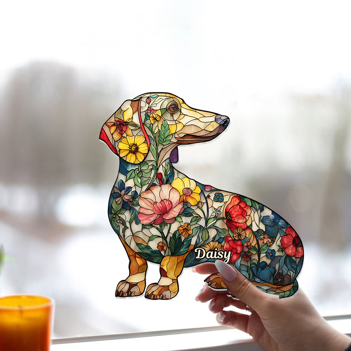 Chiens fleuris - Décoration attrape-soleil personnalisée à suspendre à la fenêtre, motif chien 