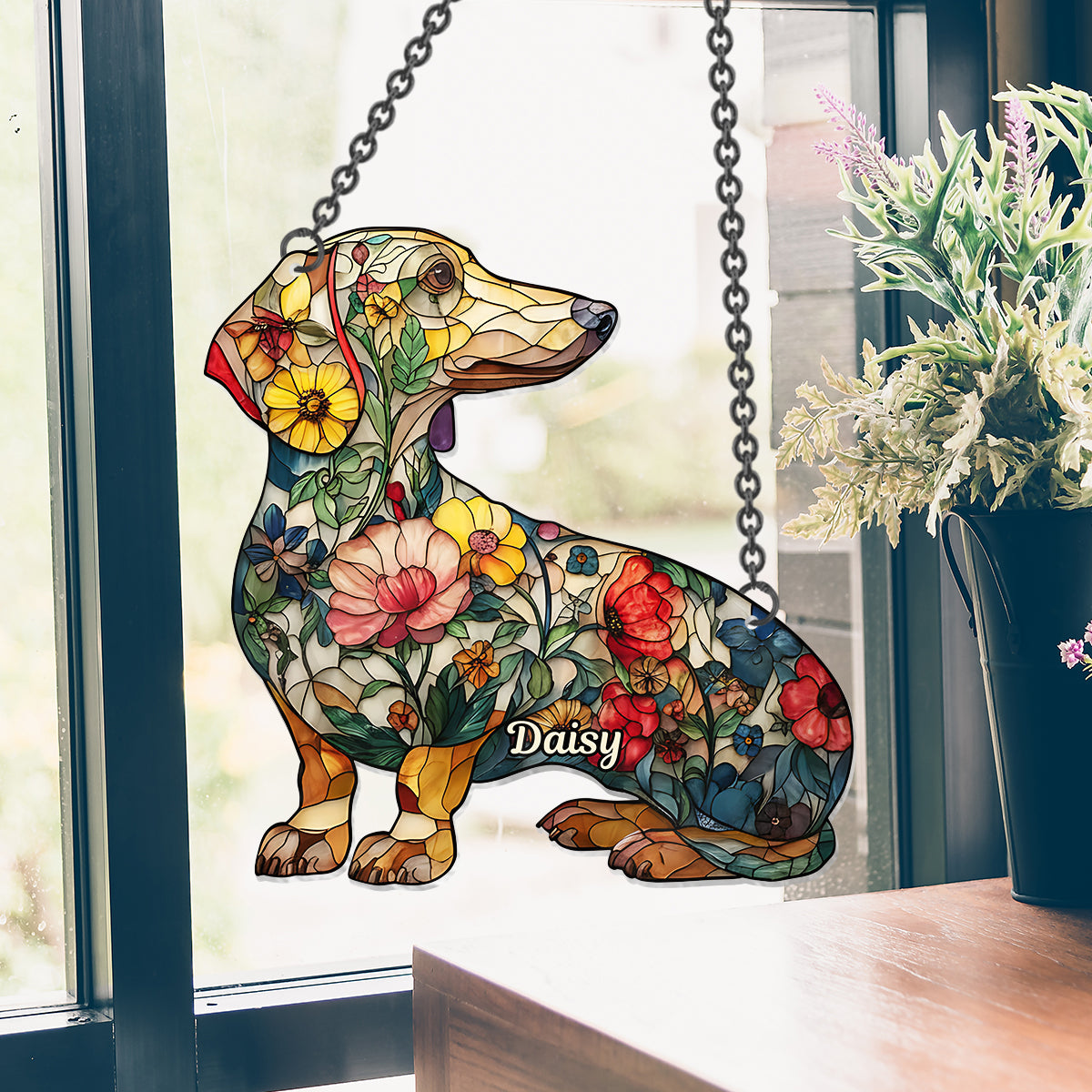 Chiens fleuris - Décoration attrape-soleil personnalisée à suspendre à la fenêtre, motif chien 