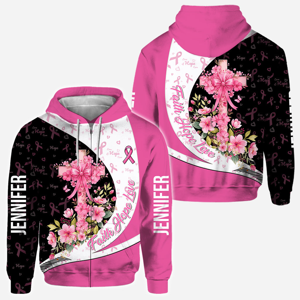 Sensibilisation au cancer du sein – Foi, Espoir, Amour – T-shirt personnalisé intégral pour la sensibilisation au cancer du sein