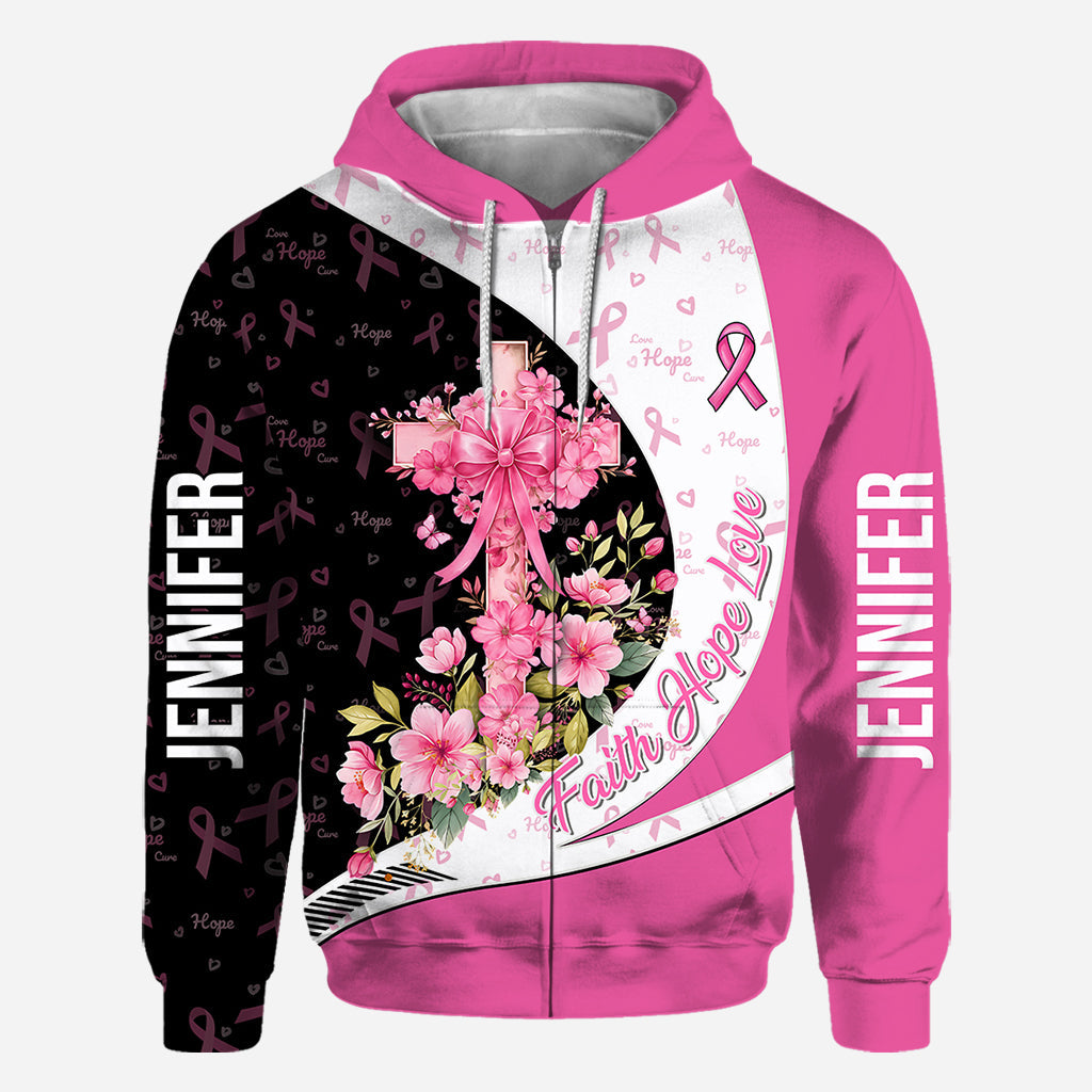 Sensibilisation au cancer du sein – Foi, Espoir, Amour – T-shirt personnalisé intégral pour la sensibilisation au cancer du sein