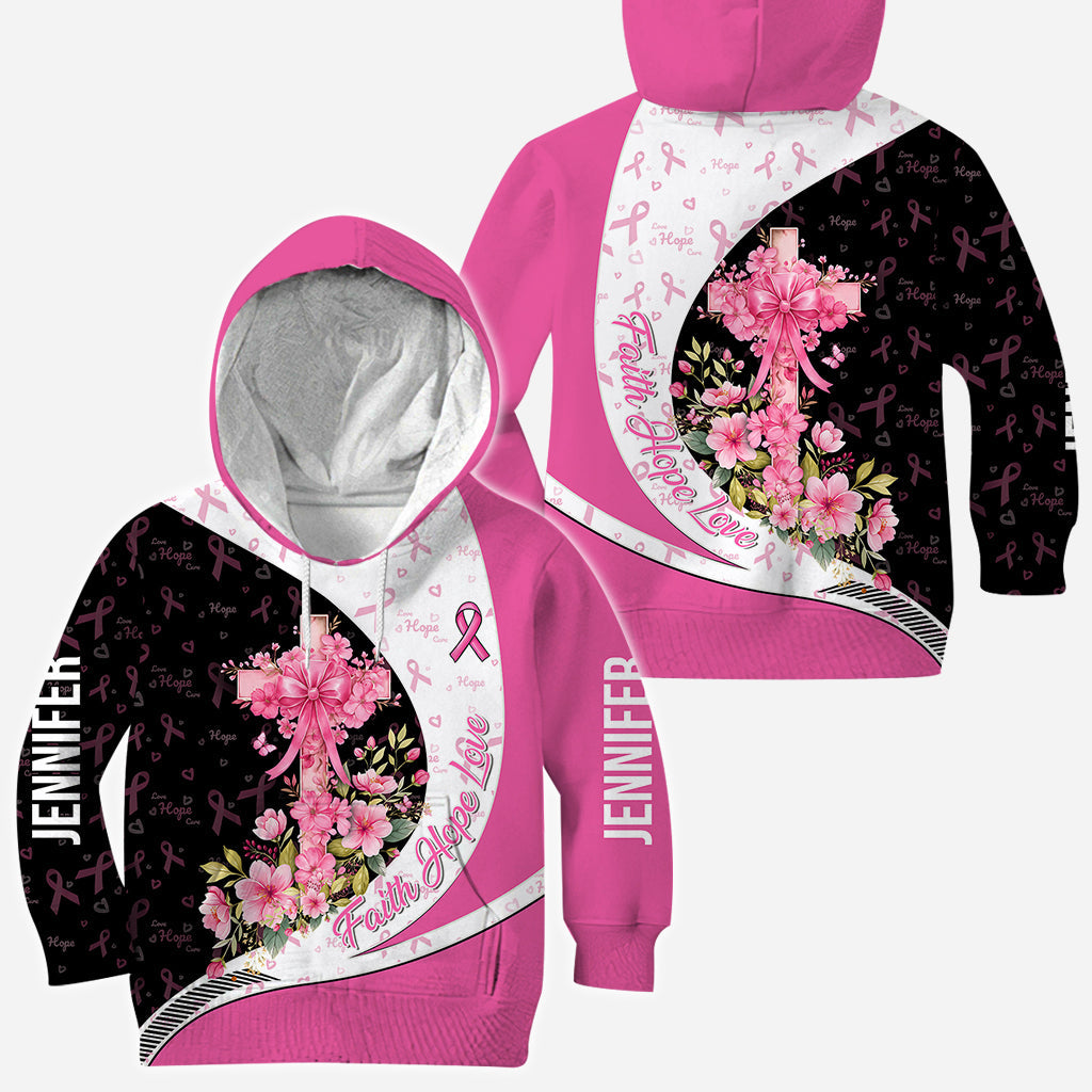 Sensibilisation au cancer du sein – Foi, Espoir, Amour – T-shirt personnalisé intégral pour la sensibilisation au cancer du sein