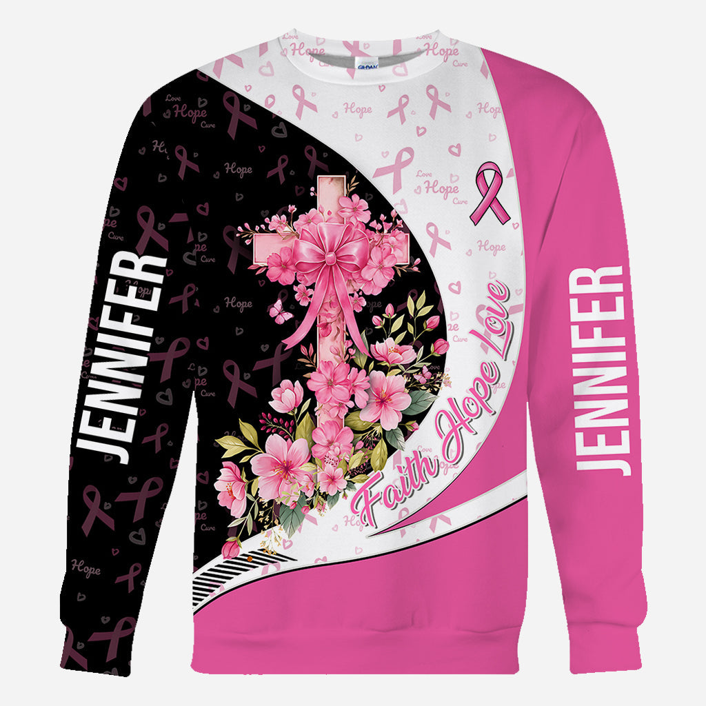 Sensibilisation au cancer du sein – Foi, Espoir, Amour – T-shirt personnalisé intégral pour la sensibilisation au cancer du sein