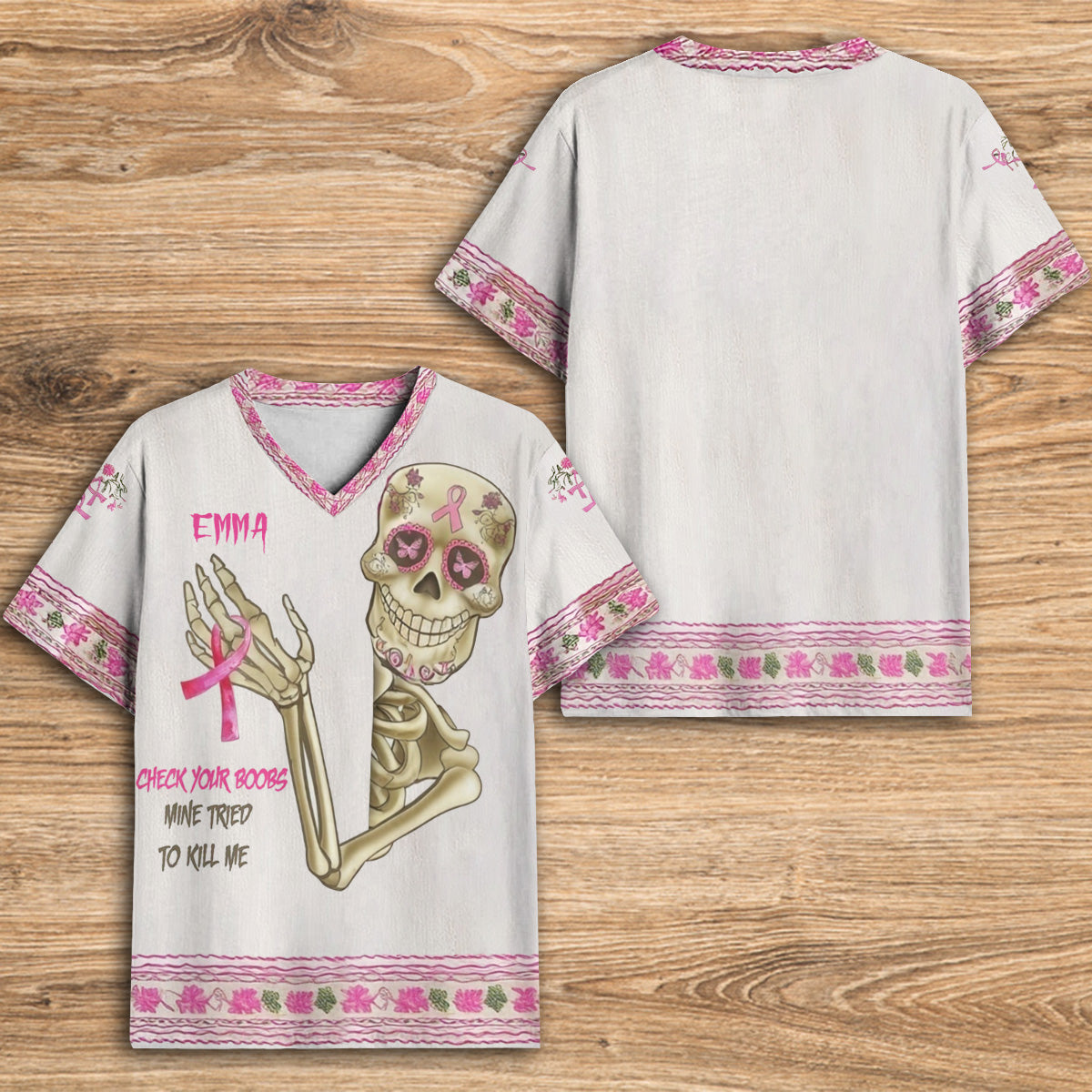 Check Your B, Mine Tried To Kill Me - Personalisiertes T-Shirt mit vollflächigem Aufdruck zur Brustkrebsvorsorge und V-Ausschnitt
