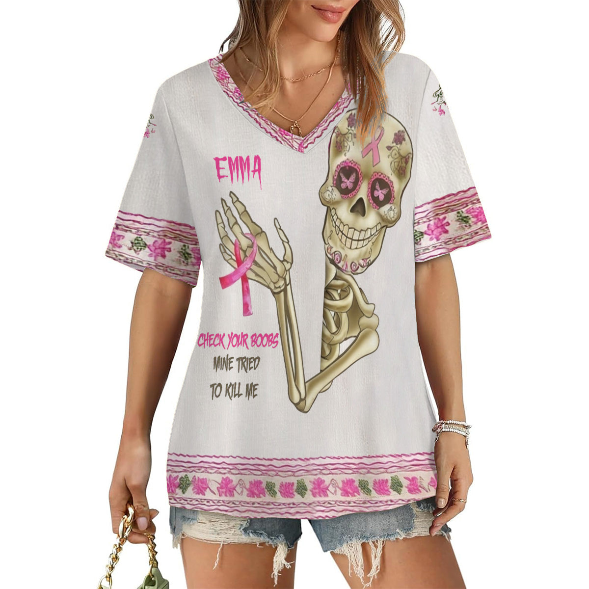 Check Your B, Mine Tried To Kill Me - Personalisiertes T-Shirt mit vollflächigem Aufdruck zur Brustkrebsvorsorge und V-Ausschnitt