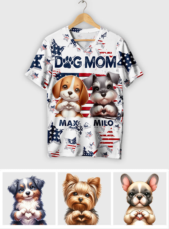 Patriot Dog Mom - Personalisiertes T-Shirt mit V-Ausschnitt und vollflächigem Hunde-Aufdruck