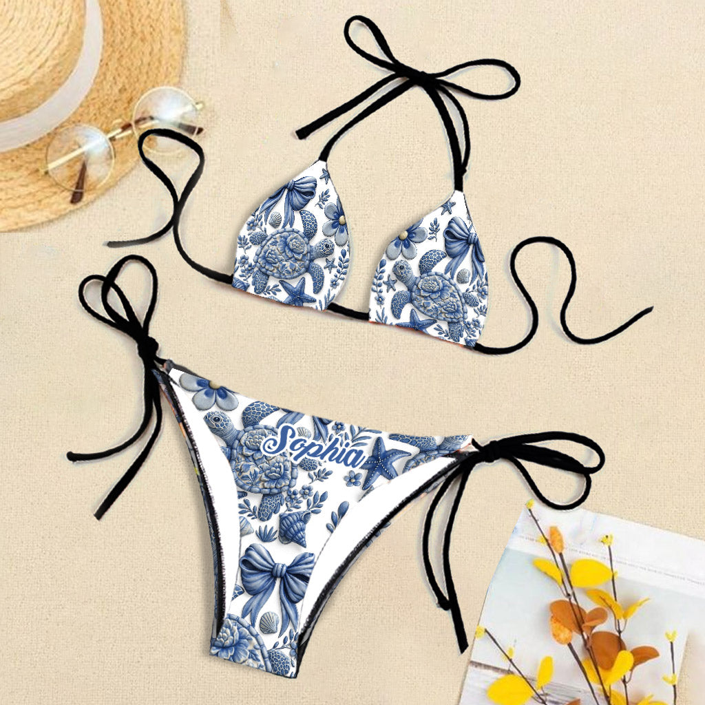 Meeresschildkröte – Personalisierter Dreieck-Bikini-Badeanzug mit Schildkrötenmotiv