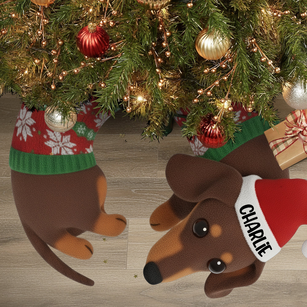 Niedlicher Dackel-Weihnachtsbaumrock – personalisierter, rutschfester Dackel-Teppich