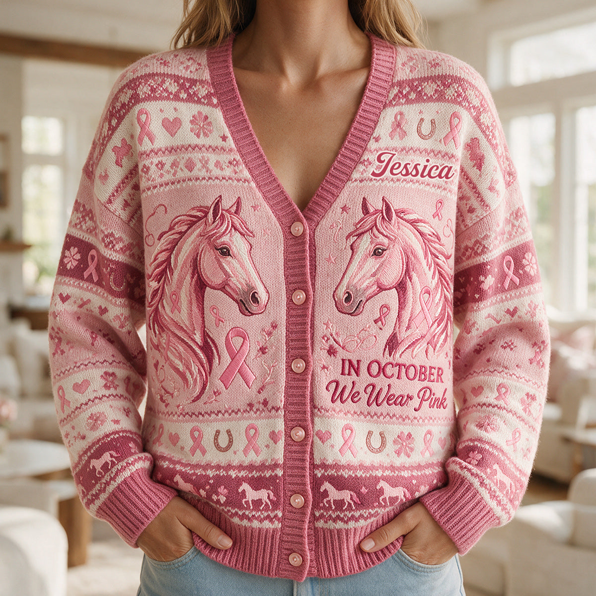 En octobre, nous portons du rose - Cardigan personnalisé pour la sensibilisation au cancer du sein