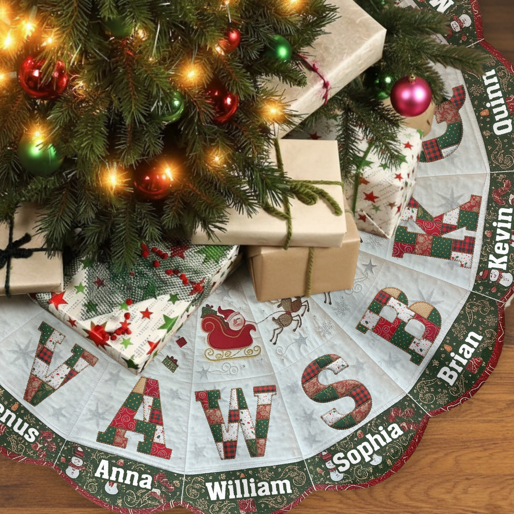 Jupe de sapin de Noël personnalisée, écusson avec initiales de famille - Jupe de sapin personnalisée en forme de famille