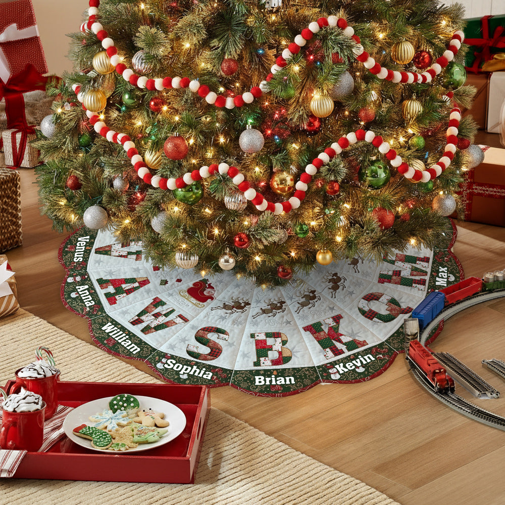Jupe de sapin de Noël personnalisée, écusson avec initiales de famille - Jupe de sapin personnalisée en forme de famille