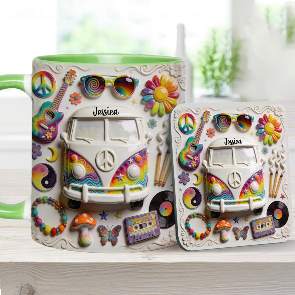 Amour, Espoir, Paix - Mug et sous-verre personnalisés style hippie