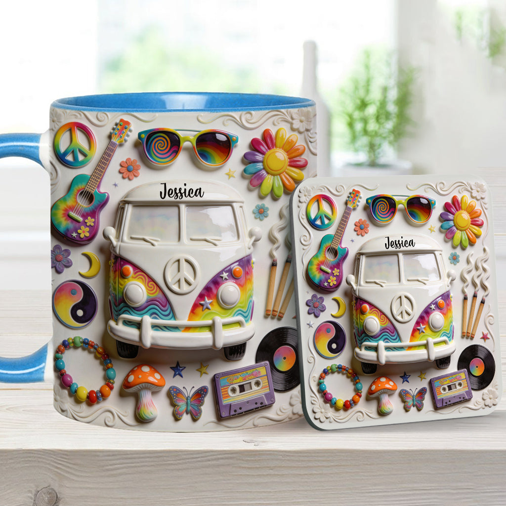 Amour, Espoir, Paix - Mug et sous-verre personnalisés style hippie