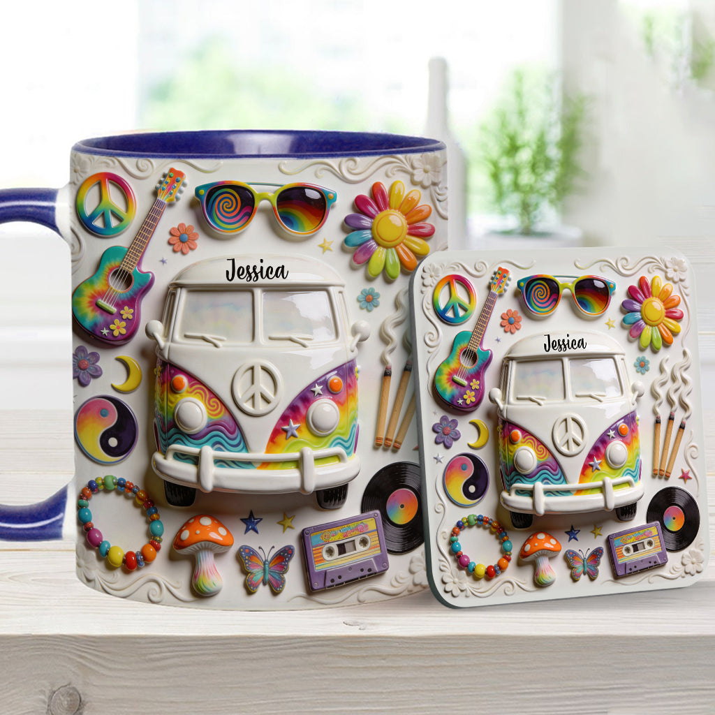 Amour, Espoir, Paix - Mug et sous-verre personnalisés style hippie