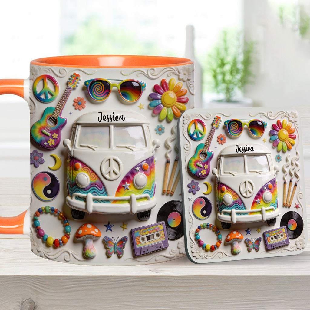 Amour, Espoir, Paix - Mug et sous-verre personnalisés style hippie