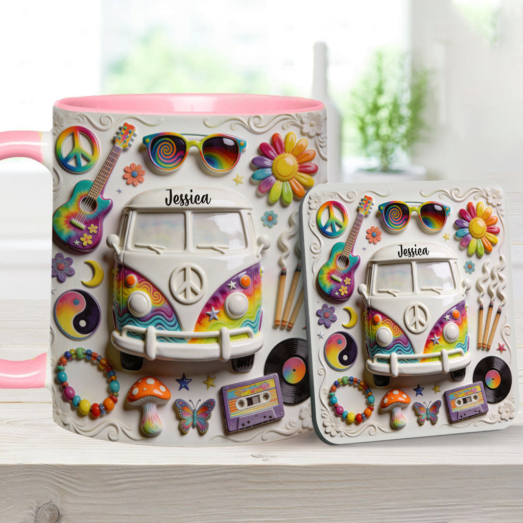 Amour, Espoir, Paix - Mug et sous-verre personnalisés style hippie
