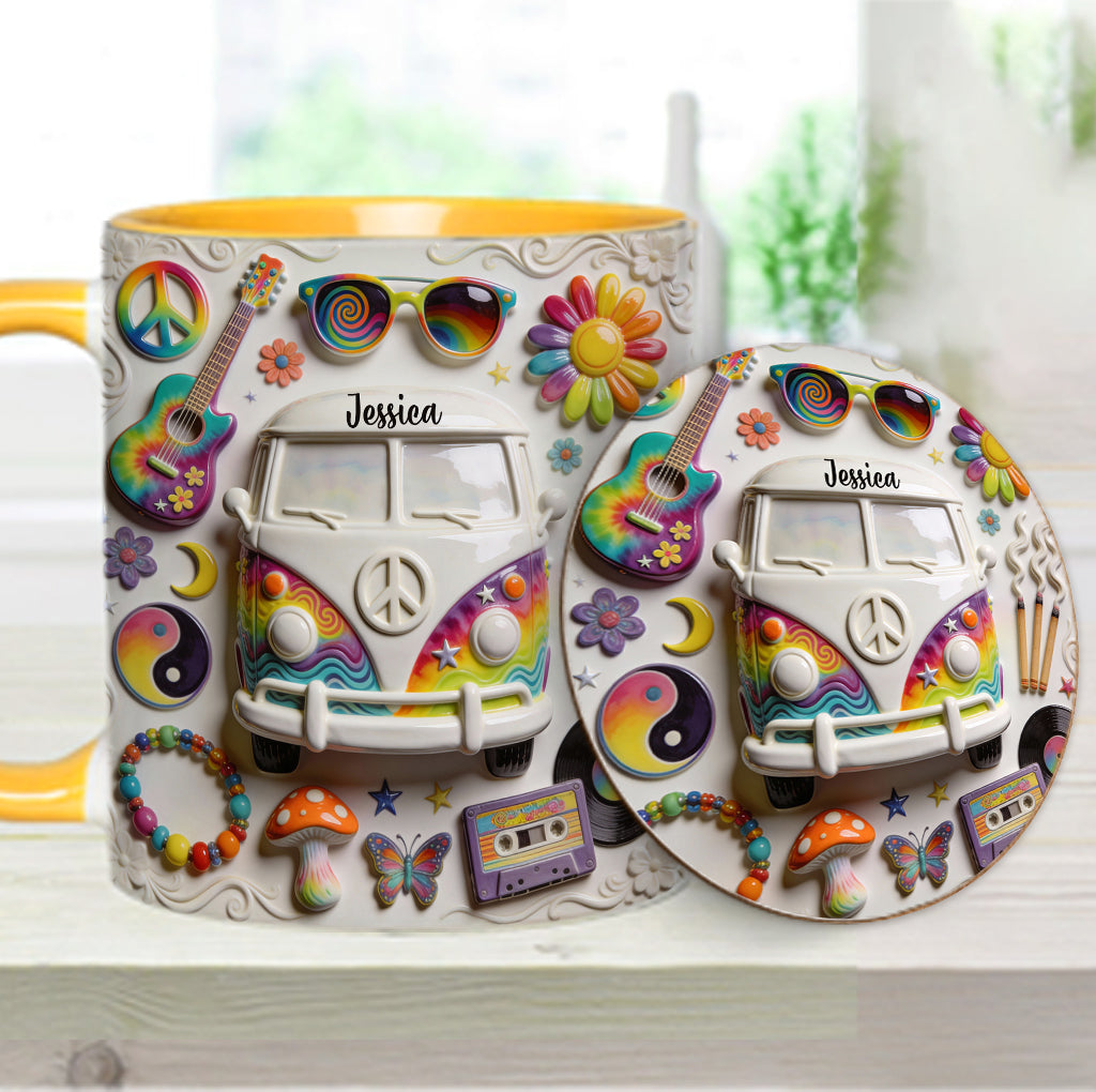 Amour, Espoir, Paix - Mug et sous-verre personnalisés style hippie