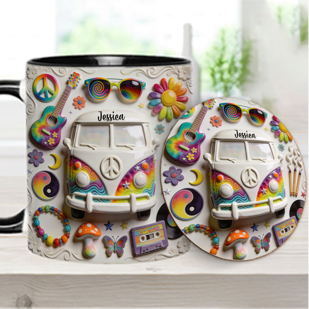 Amour, Espoir, Paix - Mug et sous-verre personnalisés style hippie