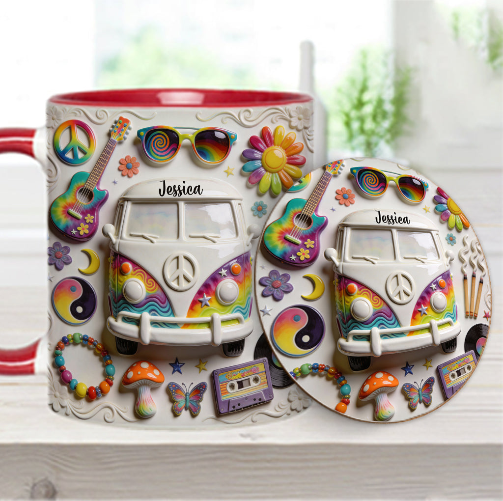 Amour, Espoir, Paix - Mug et sous-verre personnalisés style hippie