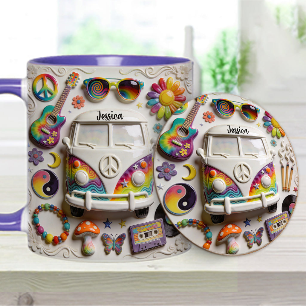 Amour, Espoir, Paix - Mug et sous-verre personnalisés style hippie