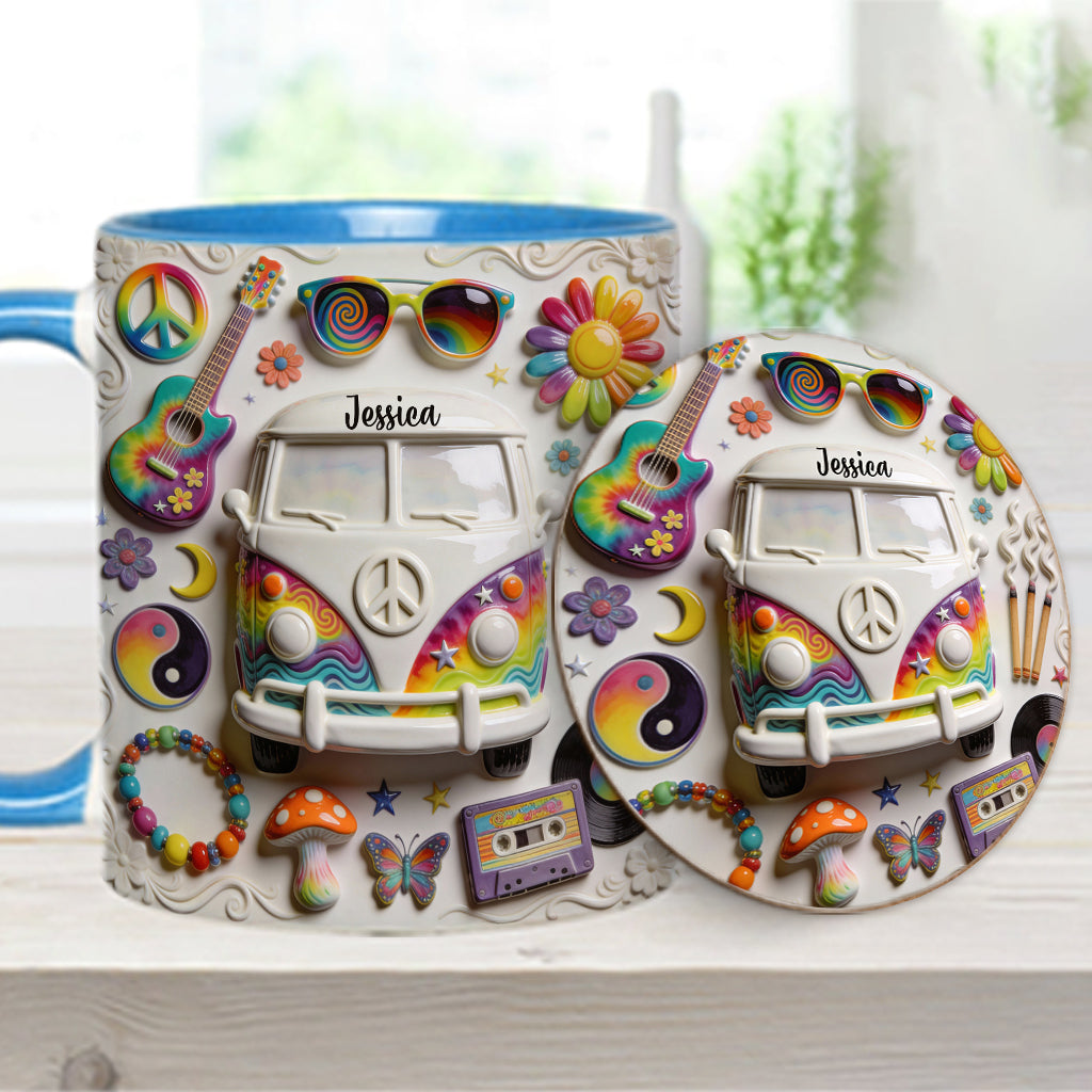 Amour, Espoir, Paix - Mug et sous-verre personnalisés style hippie