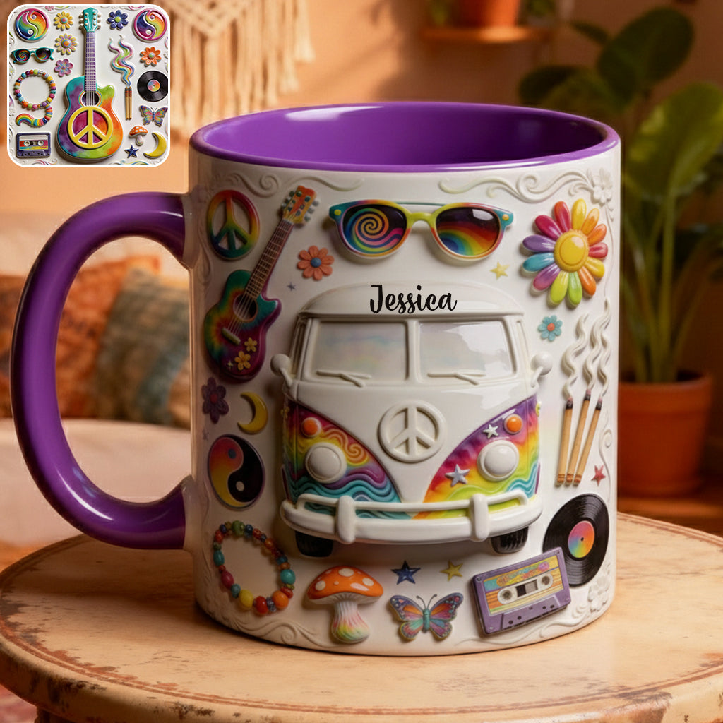 Amour, Espoir, Paix - Mug et sous-verre personnalisés style hippie