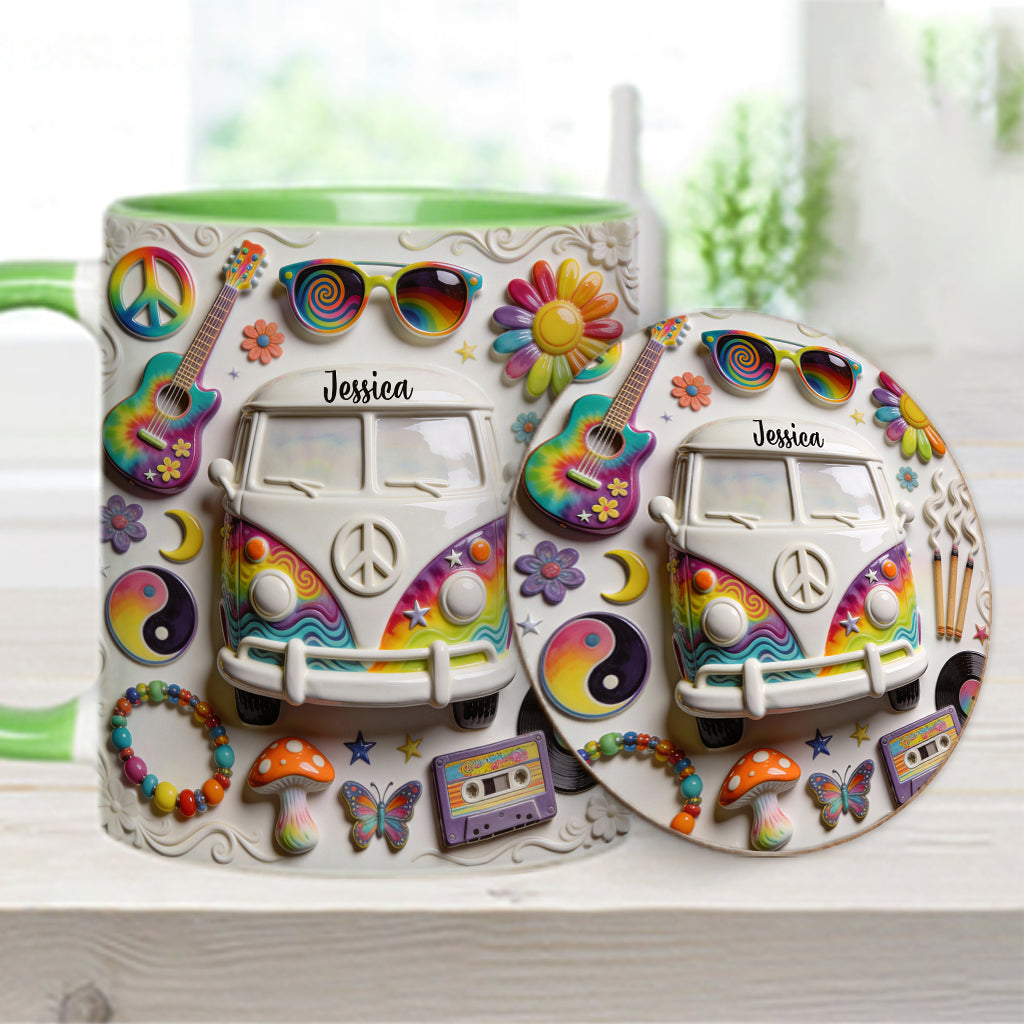 Amour, Espoir, Paix - Mug et sous-verre personnalisés style hippie