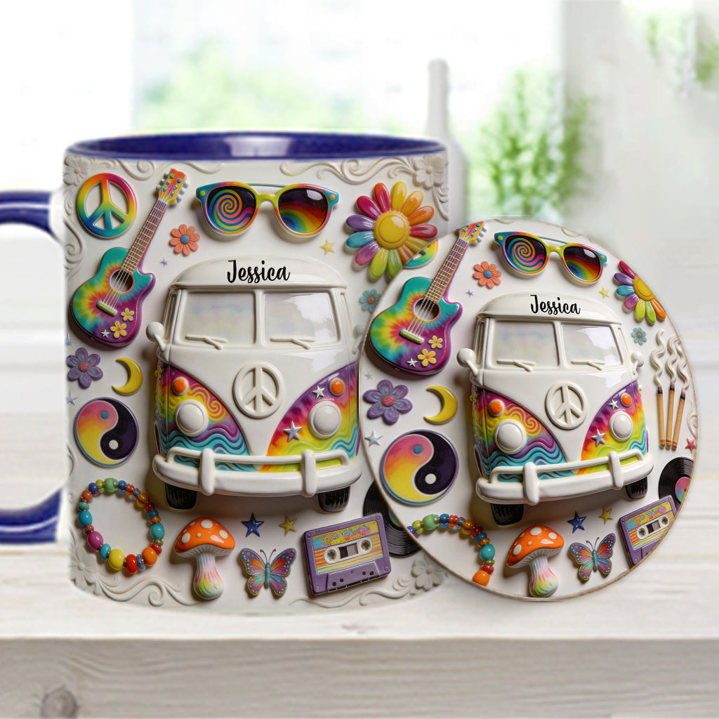 Amour, Espoir, Paix - Mug et sous-verre personnalisés style hippie
