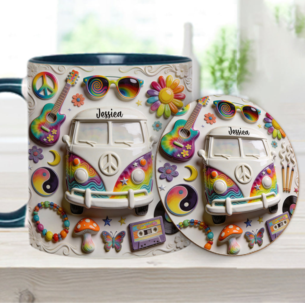 Amour, Espoir, Paix - Mug et sous-verre personnalisés style hippie