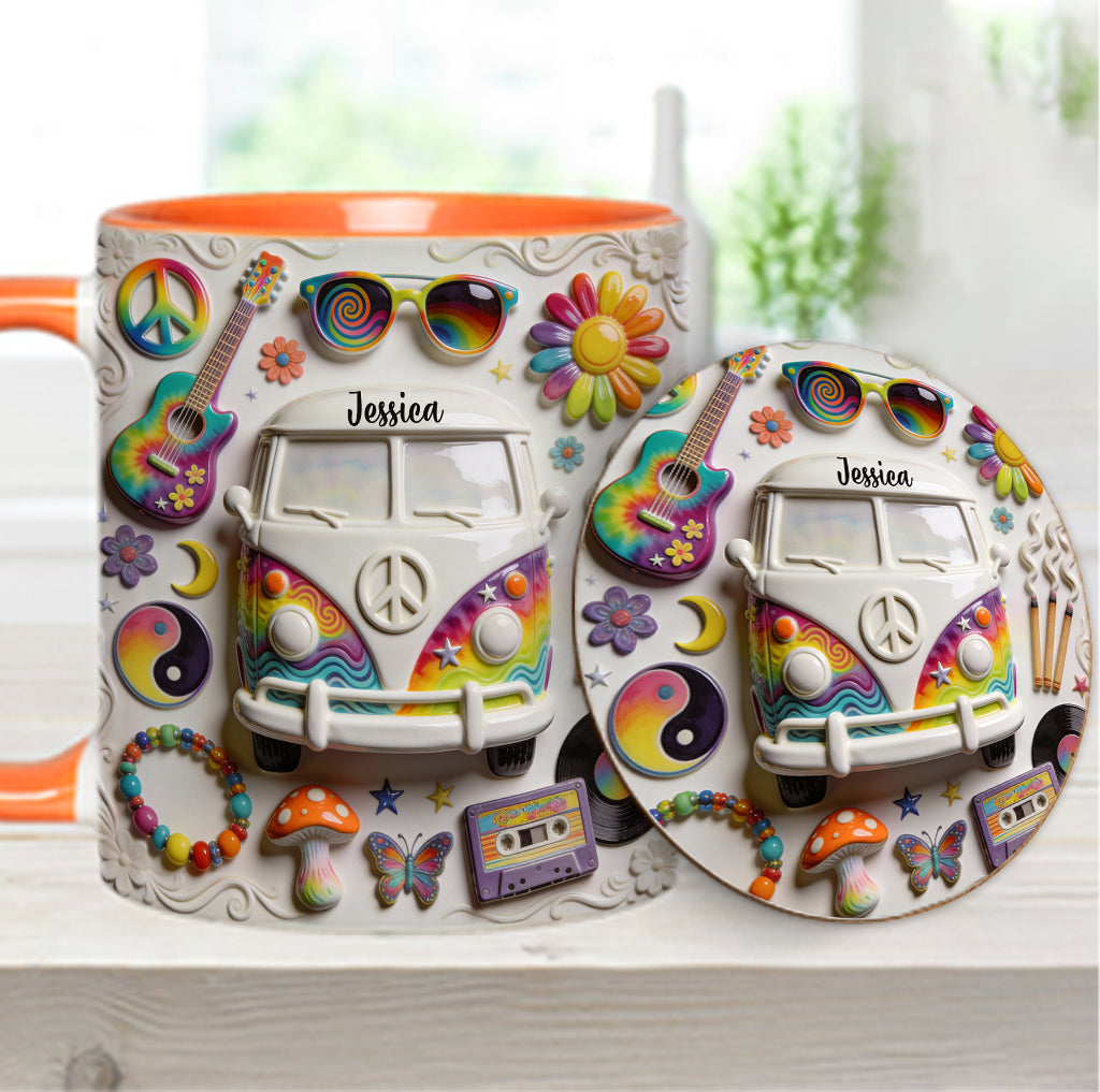 Amour, Espoir, Paix - Mug et sous-verre personnalisés style hippie