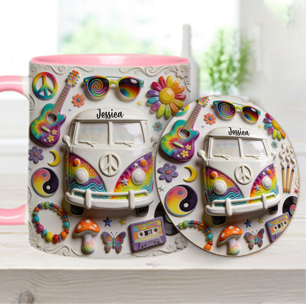 Amour, Espoir, Paix - Mug et sous-verre personnalisés style hippie
