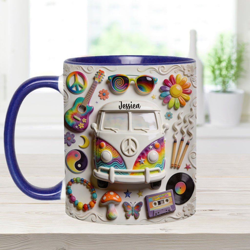 Amour, Espoir, Paix - Mug et sous-verre personnalisés style hippie