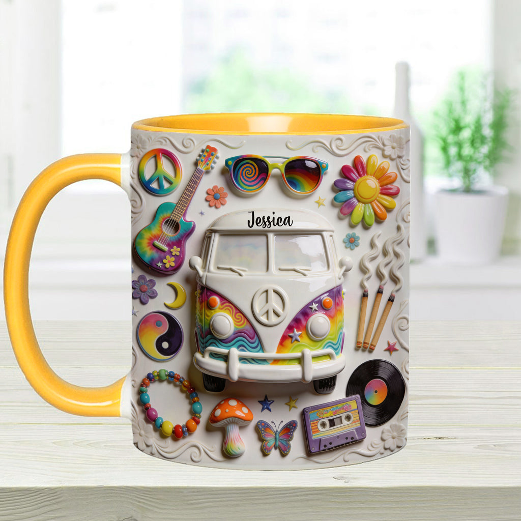 Amour, Espoir, Paix - Mug et sous-verre personnalisés style hippie