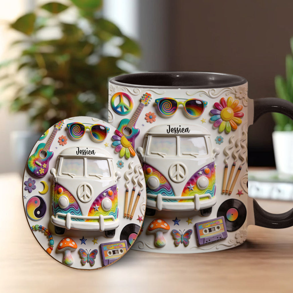 Amour, Espoir, Paix - Mug et sous-verre personnalisés style hippie