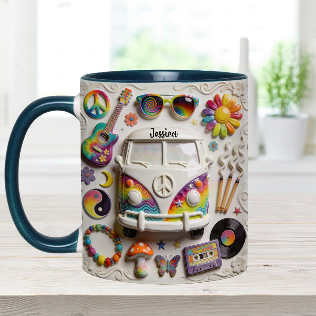 Amour, Espoir, Paix - Mug et sous-verre personnalisés style hippie