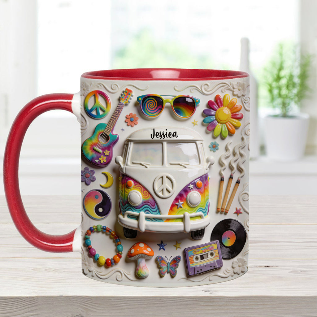 Amour, Espoir, Paix - Mug et sous-verre personnalisés style hippie