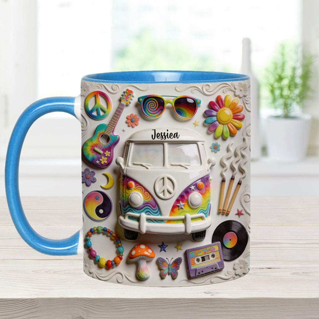 Amour, Espoir, Paix - Mug et sous-verre personnalisés style hippie