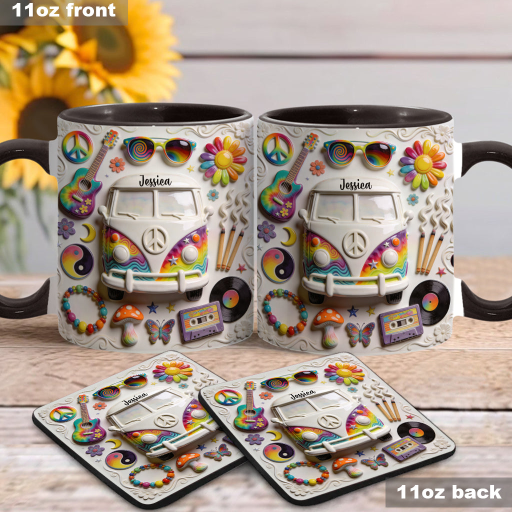 Amour, Espoir, Paix - Mug et sous-verre personnalisés style hippie