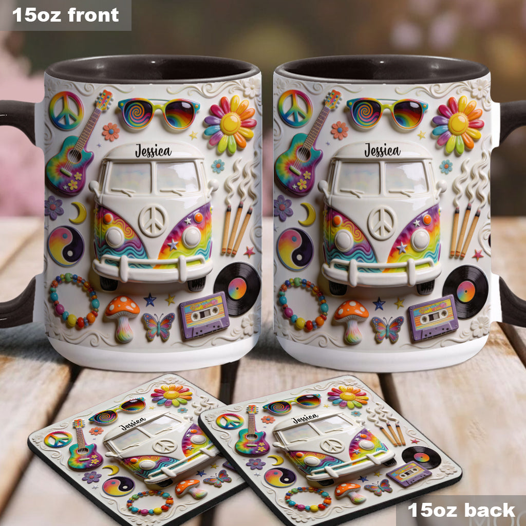 Amour, Espoir, Paix - Mug et sous-verre personnalisés style hippie