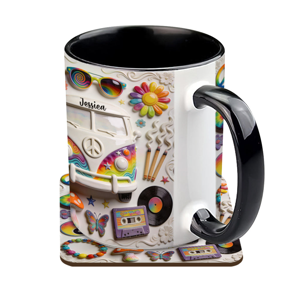 Amour, Espoir, Paix - Mug et sous-verre personnalisés style hippie