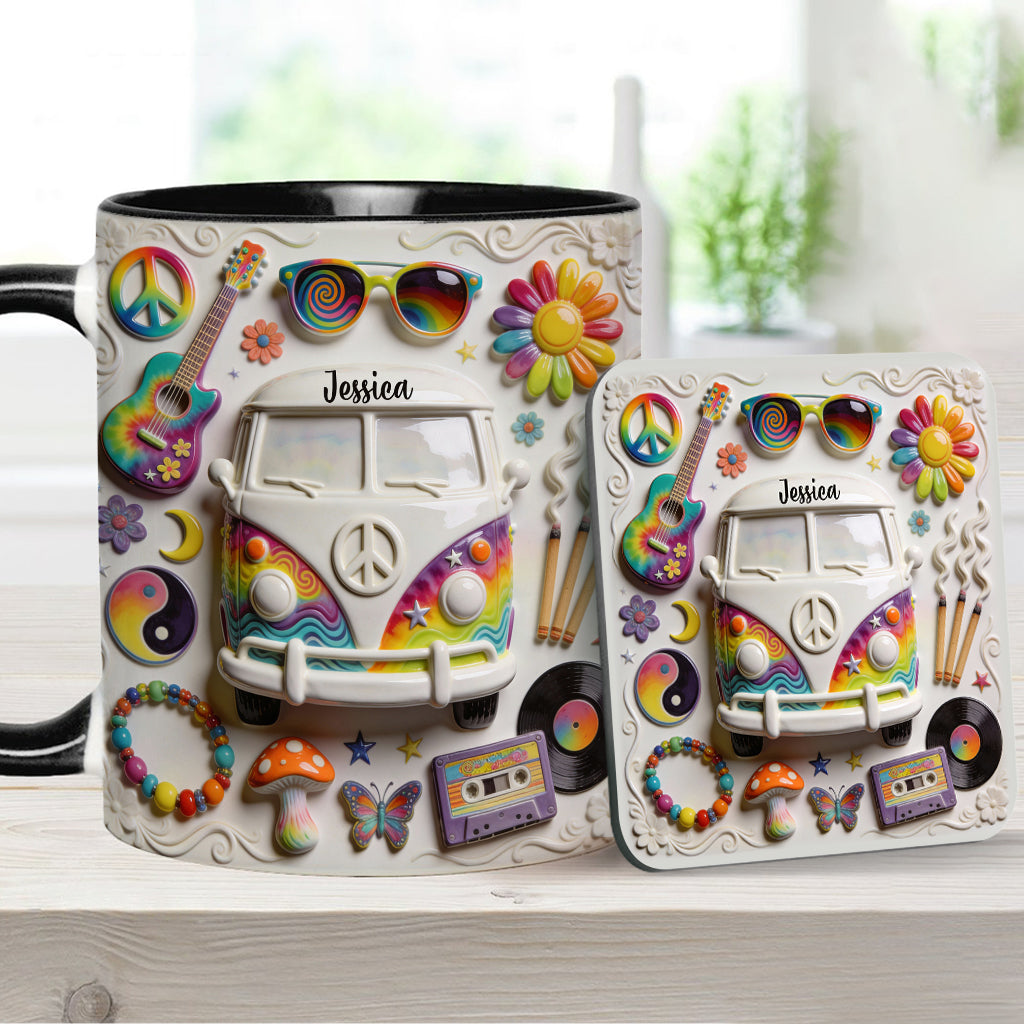 Amour, Espoir, Paix - Mug et sous-verre personnalisés style hippie